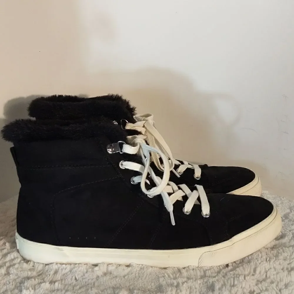 Black Suede Faux Fur Women's High Top Sneakers